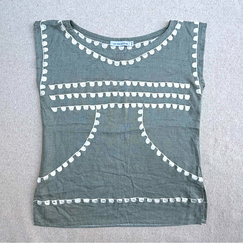 Las Tres Marías Sage Green Taupe and White Embroidered Women's Blouse Top M